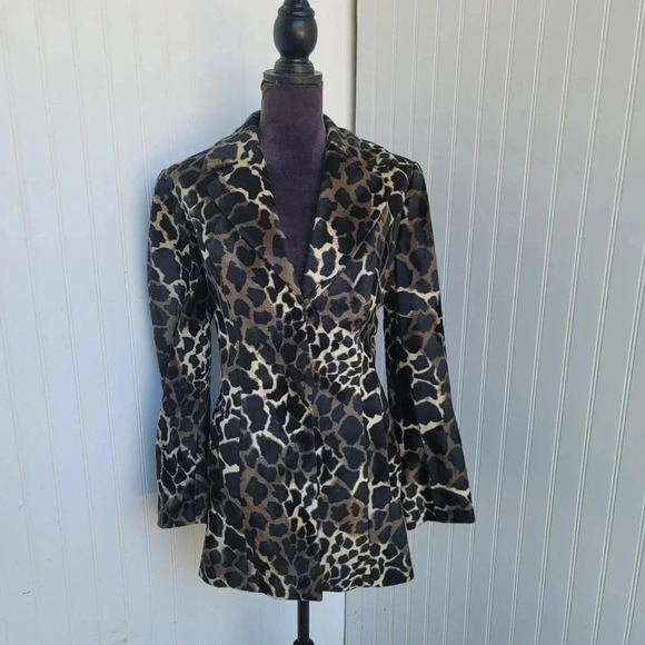 VTG Georgiou Studio Brown Black Blazer Jacket Lined Soft Animal Print Sz 10 - Picture 1 of 16